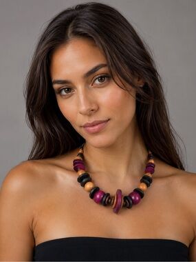 Multicolor Wooden Beaded Statement Necklace 20” | Boho Artisan Chunky Necklace
